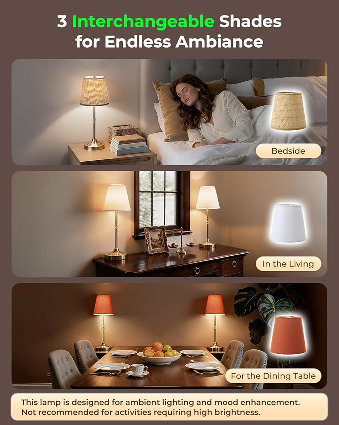 Cordless Rechargeable Lamp, Touch Dimmable Bedside Table Lamp with 3 Fabric Shade, 5200mAh Small Wireless Led Lamps for Nightstand, Portable Lamp for Bedroom, Living Room, Kitchen Counter, Brass