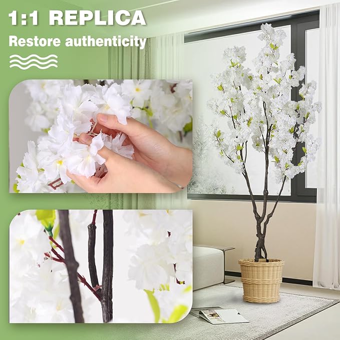 Artificial White Cherry Blossom Tree 6ft(72in) Faux White Flower Tree Indoor Decor Handmade Natural Fake Cherry Tree for Wedding Realistic Cherry Blossom Plant in Pot for Home,Living Room,Office Decor