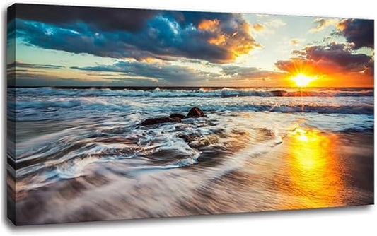 Yxbhhym-Large Ocean Wall Art for Living Room Canvas Beach Painting Sunrise Print Art Sunset Seascape Wall Pictures Yellow Sea Waves Poster Decoration Office Kitchen Wall Décor Bedroom Accessories