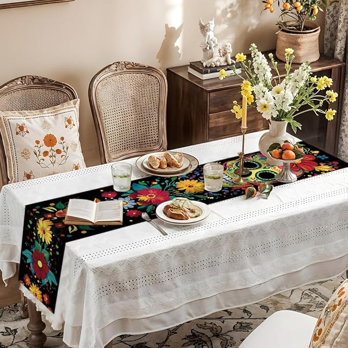 ANNA QUEEN Flowers Table Runner 13 x 72 Inch for Dining Table, Table Runner for Spring & Holiday Dining Decor Indoor Outdoor Party Home Table Decoration (Skull)
