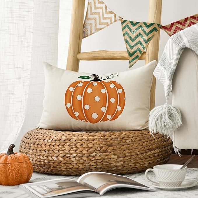 AVOIN colorlife Fall Polka Dots Pumpkin Throw Pillow Cover 12x20 Inch, Seasonal Autumn Thanksgiving Harvest Decoration for Home Sofa Couch