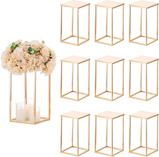 Sziqiqi Wedding Centerpieces Vase for Tables with Plates - 10 Pcs Metal Column Geometric Flower Stand 15.7in Gold Flower Display Rack Decorations for T-Stage Reception Party Fiesta Event Home