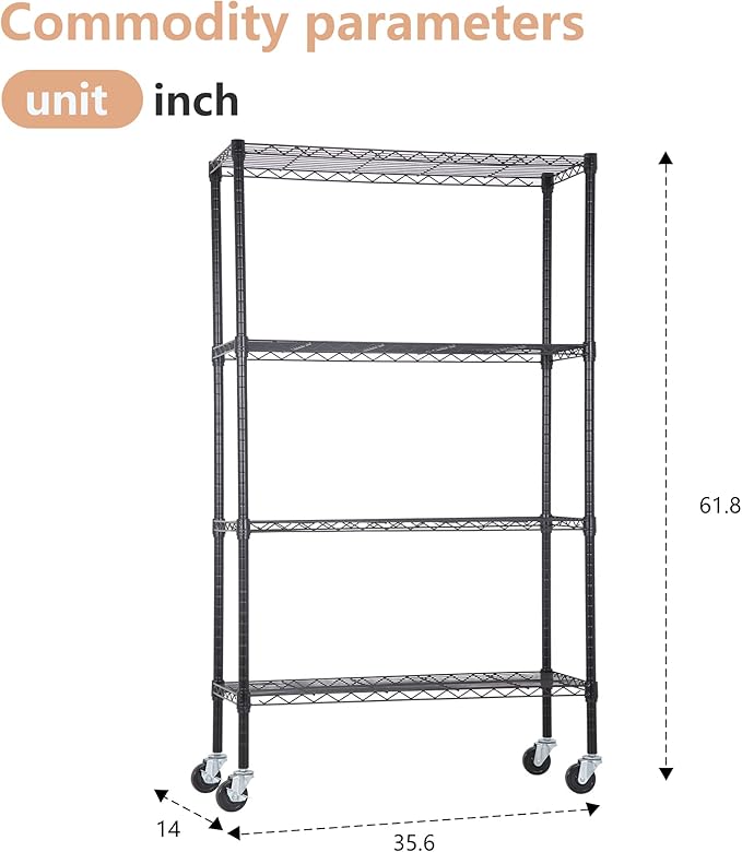 BestOffice | 4-Tier Wire Storage Shelves with Wheels | 36x14x62 | Black | Adjustable Racks | Heavy-Duty Metal Shelf, Holds Upto 500 lbs | No-Tool Assembly | Ideal for Home & Garage Shelving