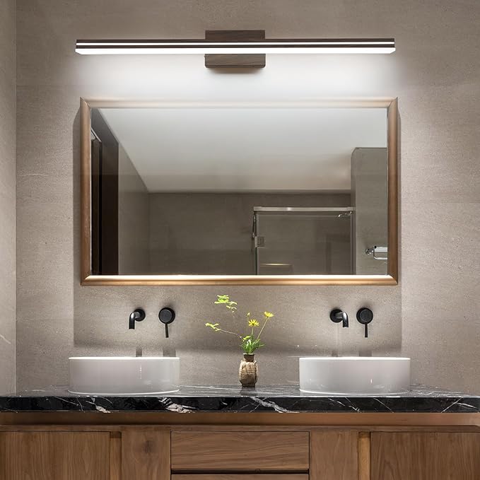SineRise LED Modern Bathroom Vanity Light Fixtures (40-Inch, 3000K/4000K/6000K, Dimmable), Brown Wood Painted Modern Acrylic Bathroom Wall Lighting Fixtures Over Mirror