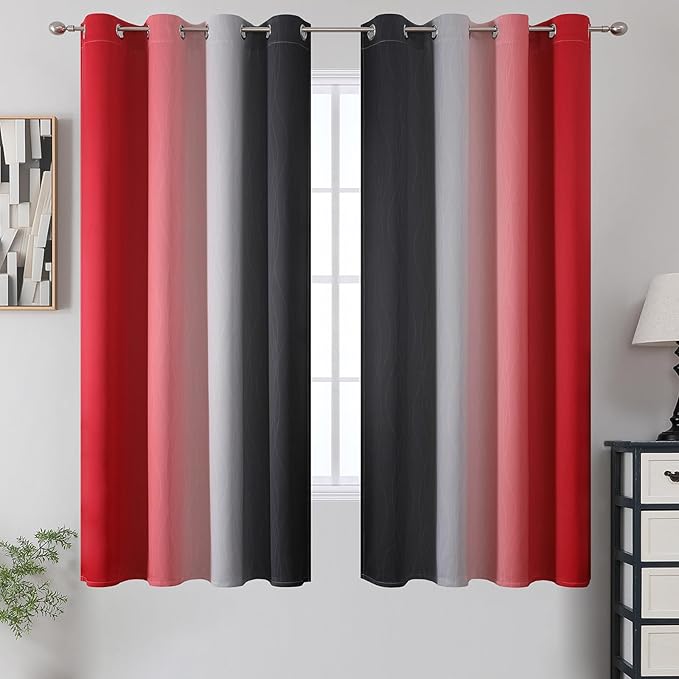 Estelar Textiler Ombre Red and Black Curtains 63 Inch Length 2 Panels, 100% Blackout Curtains for Living Room, Grommet Thermal Insulated Drapes, Full Light Blocking Curtains for Bedroom, 52x63 Inch