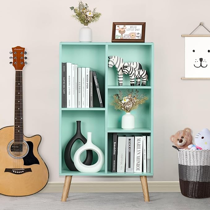 LEYAOYAO 5 Cube Bookshelf 3-Tier Bookcase with Legs,Mint Green Kids Book Shelf Cute Storage Organizer,Free Standing Open Toy Shelves Wood Bookshelves,Display Bookcases for Bedroom,Living Room,Nursery