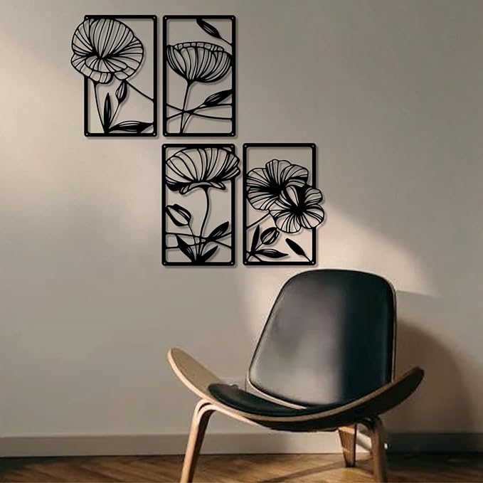 Ouqiesli Metal Flowers Wall Art Set of 4, Black Framed Floral Decor for Living Room, Bedroom, Bathroom, Hallway, Minimalist Home Decor - 15.75″ x 9.5″