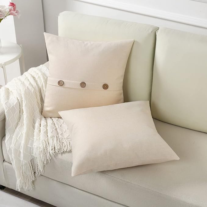 HAUSSY Beige Linen Decorative Throw Pillow Covers 22x22 Inch Set of 2,Square Cushion Case with 3 Vintage Buttons,Modern Farmhouse Home Decor for Couch,Bed
