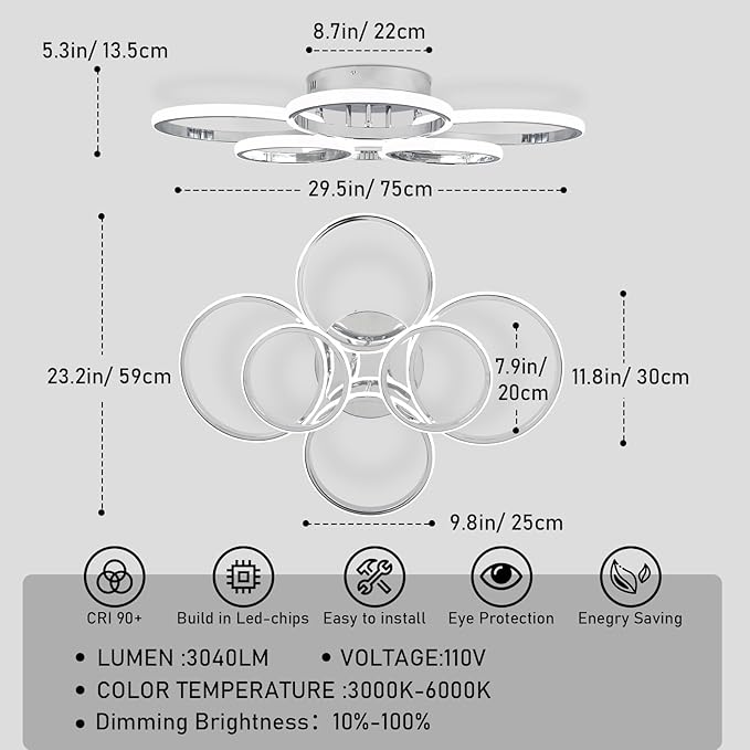 Modern Ceiling Lights, 6 Rings Dimmable Chrome LED Ceiling Light Fixtures with Remote Control, 60W Close to Ceilings Lighting for Living Room, Bedroom, Dining Room