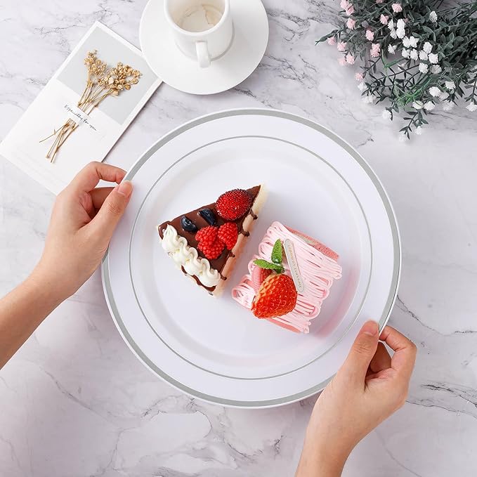 100PCS Silver Plastic Plates, 10.25 Inch Disposable Dinner Plate Party with Silver Rim for Christmas, Thanksgiving, Heavy Duty Disposable Plastic Plates for Party, Wedding and Birthday, Events
