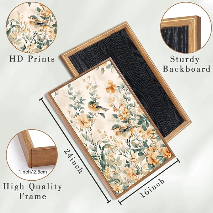 ANHUIB Large Neutral Floral Wall Art 16x24 Inch Beige Botanical Wall Decor Bird Painting Set of 3 for Living Room Bedroom Barhroom