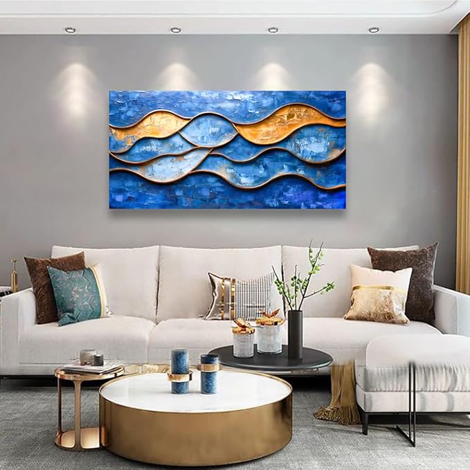 Abstract Pictures Canvas Wall Art for Living room Office Bedroom Wall Decor, Linear Wall Art Print Paintings Modern Blue Golden Abstraction Artwork Waterproof Ready to Hang-20x40inch