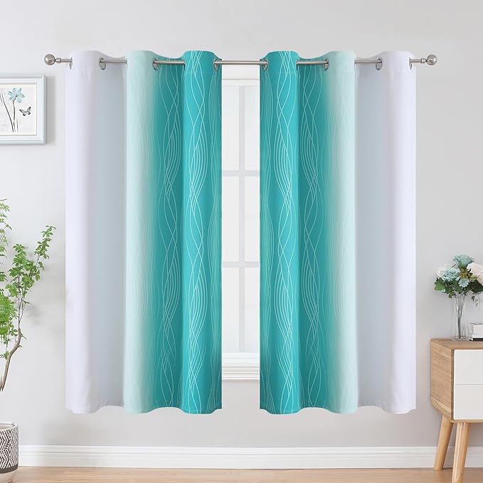 Estelar Textiler Teal and Greyish White Blackout Curtains & Drapes for Bedroom, Thermal Insulated Ombre Blackout Drapes, Room Darkening Energy Saving Curtains for Living Room, 42Wx63L, 2 Panels