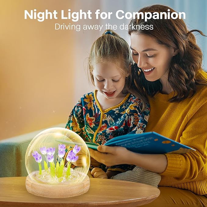 ONXE Birthday Flower Gifts for Mom,Tulips Night Light Small Glass Flower Lamp with Wooden Base for Home Decor Romantic Unique Christmas Gift for Women Girlfriend Sister Grandma Wife Her