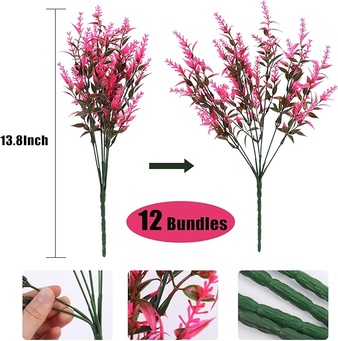 12 Bundles Artificial Flowers for Outdoor Decoration, Spring Decoration UV Resistant Faux Outdoor Plastic Greenery Shrubs Plants Artificial Fake Flowers Hanging Planter Home Garden Decor(Pink)