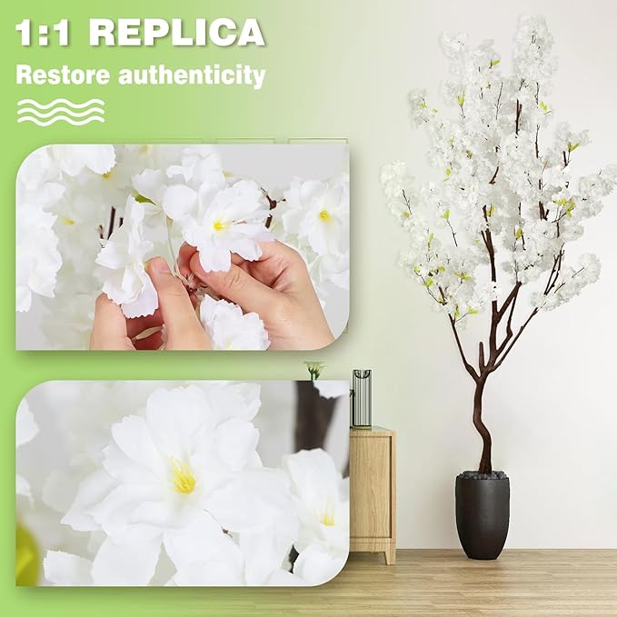 Faux White Cherry Blossom Tree 7ft(84in) Artificial Silk White Flower Tree Lifelike Large Fake Floral Tree for Wedding Realistic Elegant Cherry Sakura Plant in Pot for Home,Living Room,Office Decor