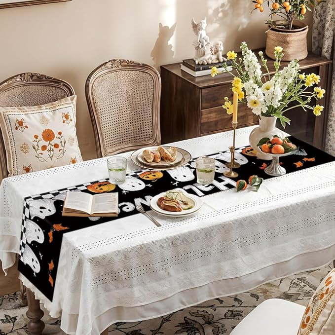 ANNA QUEEN Ghost Halloween Table Runner 13 x 72 Inch for Dining Table, Table Runner for Seasonal Autumn Kitchen Dining Table Halloween Decoration for Home Party Decor