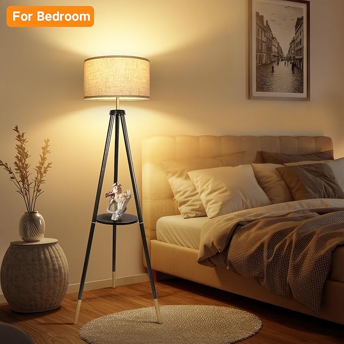 OUTON Wood Tripod Floor Lamp with Shelves, Mid Century Floor Lamp with Remote Control, 4 Color Temperature, LED Modern Dimmable Standing Lamp for Living Room, Bedroom, Office, Black & Gold