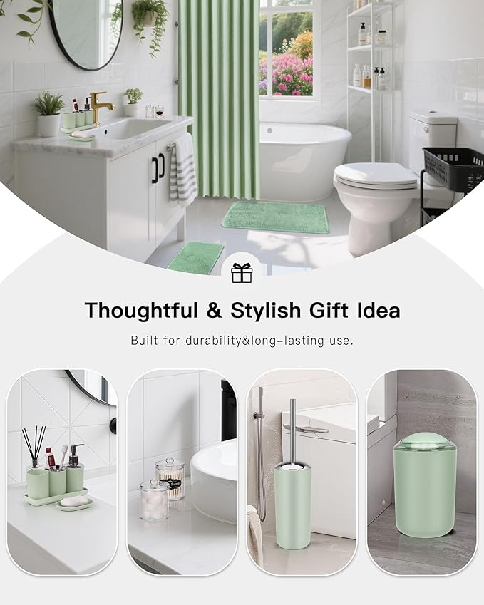 IMAVO Green Bathroom Accessories,Non Slip Super Absorbent Rugs and Waterproof Shower Curtain with Hooks,Complete Bathroom Set for Bathroom Décor