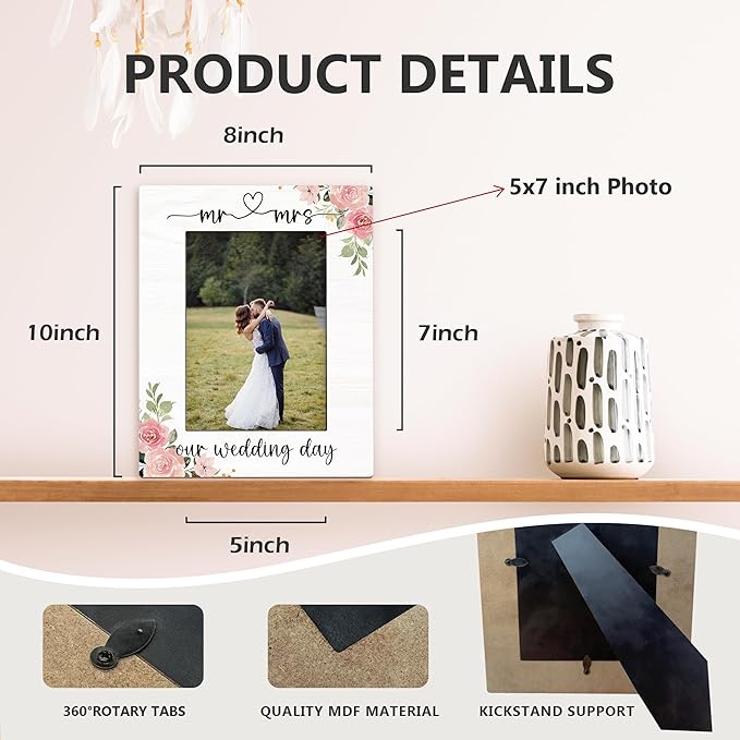 Wedding Picture Frame 5x7, Engagement Photo Frame, Engagement Gifts for Couples Newly Engaged, Mr and Mrs Our Wedding Day Couples Wooden Picture Photo Frames for Desk Home Room Decor