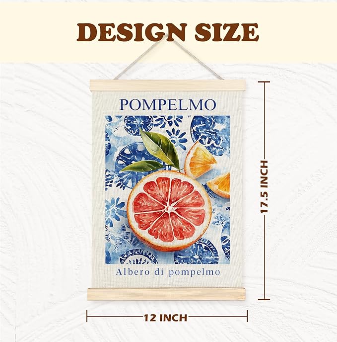 Yomisex Italian Amalfi Coast Grapefruit Wall Art Poster, Italian Kitchen Decor, Blue and White Mediterranean Tiles Pompelmo Fruit Wall Art Framed for Kitchen Dining Room Home Decor, 12x16 Inch