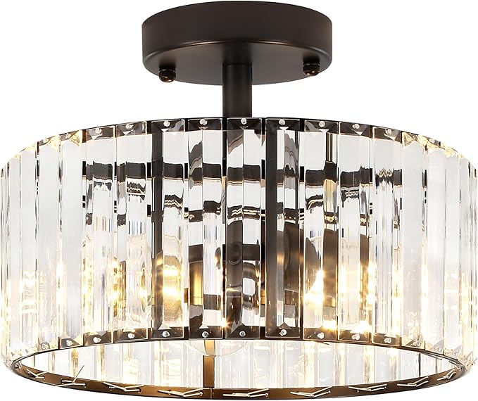 TOULMJ Crystal Ceiling Light, 3-Light Semi Flush Mount Ceiling Lighting Fixture, Black Round Hallway Light Fixtures for Kitchen Entryway Bedroom Laundry Room