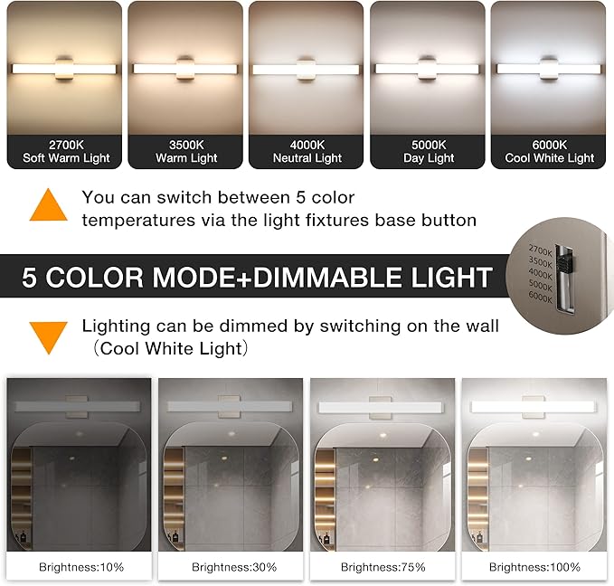 Bathroom Vanity Light Brushed Nickel Square LED 24 inch 14W 4000K Natural White Light Wall Bar Lighting Fixtures Over Mirror (Brushed Nickel, 24 inch 5CCTDimmable)