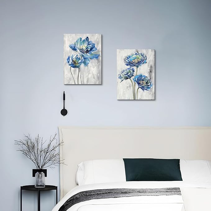 Color Play Blue Flower Canvas Wall Art: Bathroom Bedroom Abstract Lotus Floral Painting Picture 2 Piece Modern Botanical Nature Giclee Print Artwork for Living Room Home Decor Ready to Hang