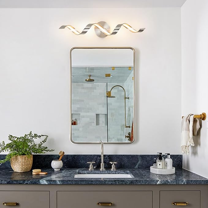Dimmable Modern LED Bathroom Vanity Light, 24 inch Spiral Design Brushed Nickel Bathroom Light Fixtures Over Mirror, Bath Wall Sconces Lighting for Living Room Bedroom 3000K