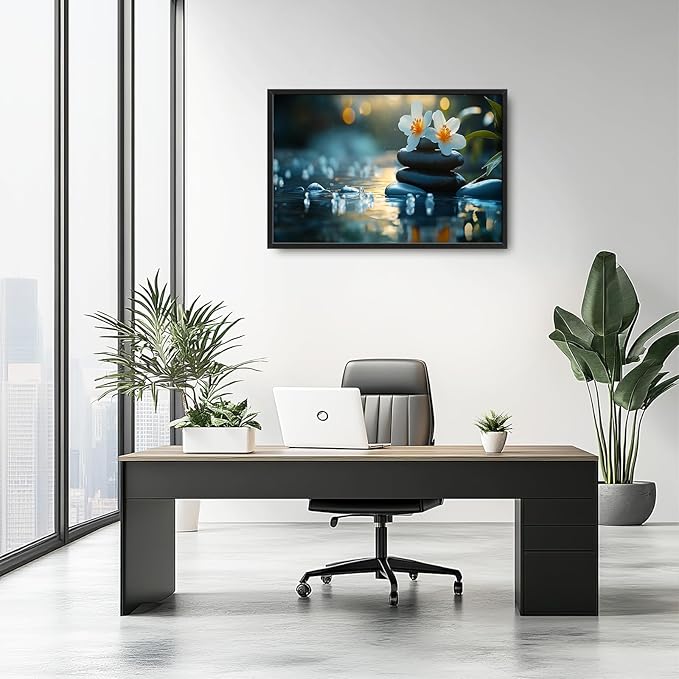 Zen Framed Wall Art for Living Room, Large Lotus Canvas Wall Decor, Stones in Water Landscape Pictures Painting, Modern Artwork for Spa Bathroom Bedroom 36L'' × 24W''