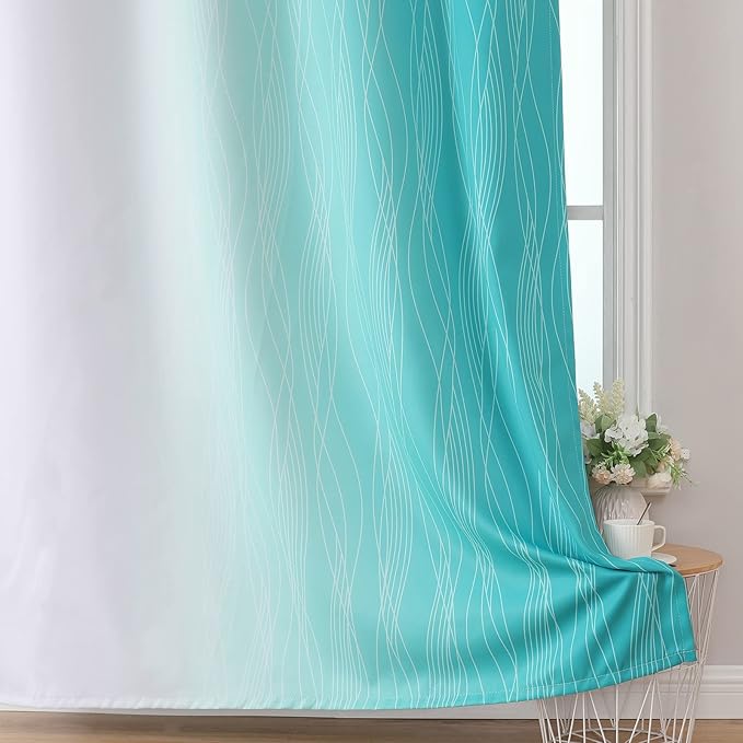 Estelar Textiler Teal and Greyish White Blackout Curtains 45 Inch Length, Light Blocking Gradient Drapes for Kitchen, Thermal Insulated Grommet Ombre Curtains for Bathroom,52Wx45L,2 Panels