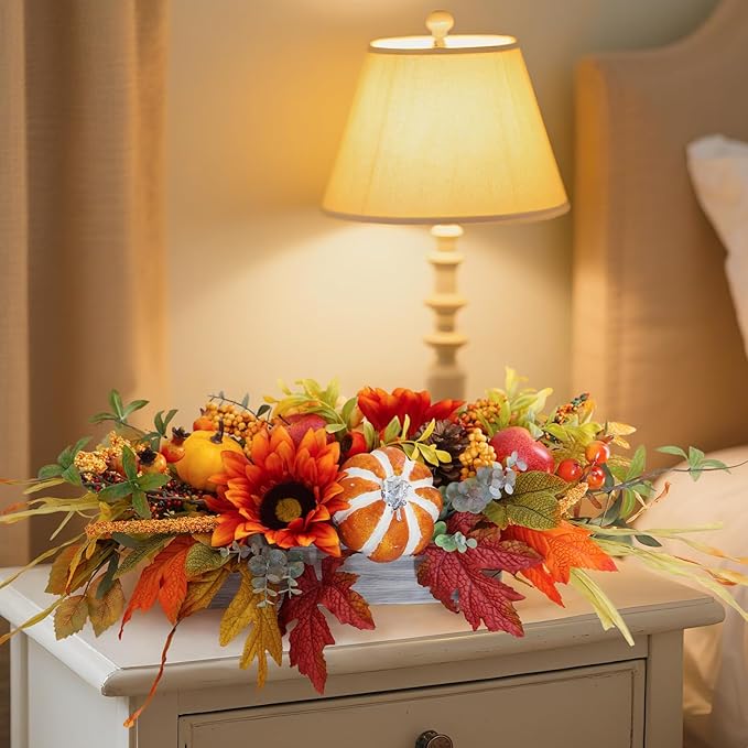 Fall Centerpieces for Tables – 28" Autumn Thanksgiving Table Decoration with Sunflowers, Pumpkins, Apples & Maple Leaves – Rustic Fall Table Decor for Home, Kitchen, Fireplace, Dining Table