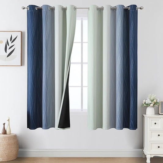 Estelar Textiler Navy Blue and Sage Green Ombre Blackout Curtains 63 Inch Length 2 Panels, Full Room Darkening Grommet Curtains for Bedroom, Thermal Insulated Light Blocking Gradient Drapes,52Wx63L