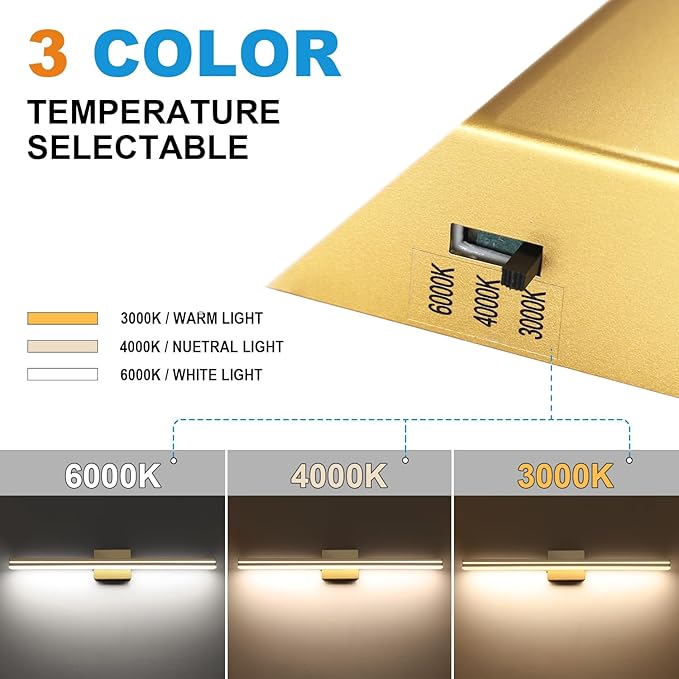 SineRise LED Modern Bathroom Vanity Light Fixtures (32-Inch, 3000K/4000K/6000K, Dimmable), Gold Modern Acrylic Bathroom Wall Lighting Fixtures Over Mirror