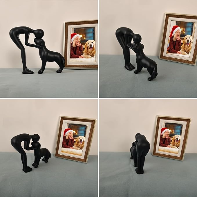 Dog Sculpture Home Decor Cute Man and Dog Statue Decoration for Office、Living Room、Bedroom、Home, Memory Gifts for Pet Lovers (Black)