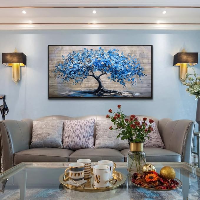 ERQINHUA Large Canvas Wall Art For Living Room Farmhouse Wall Decor For Bedroom Abstract Paintings Blue Tree Black Framed Wall Pictures Artwork Office Mural To Hang Dormitory Home Decor 20x40 In