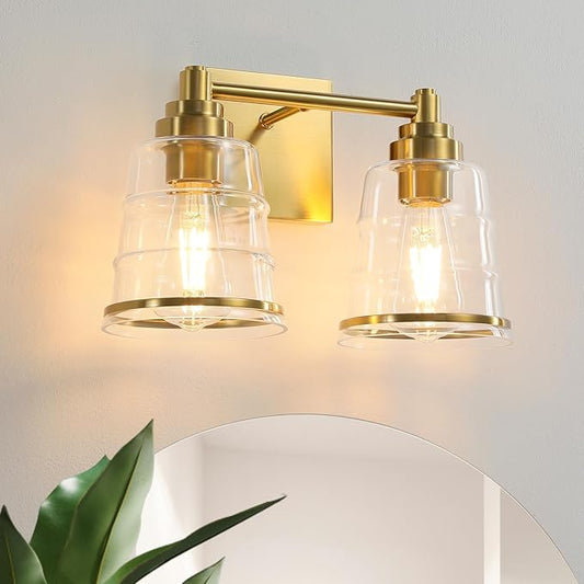 Gold Bathroom Vanity Light Fixture, 2 Light Bathroom Light Fixtures Over Mirror with Clear Glass Shade and Metal Base Wall Sconce,13.4 inch Modern Vanity Light for Bathroom (Exclude E26 Bulb)