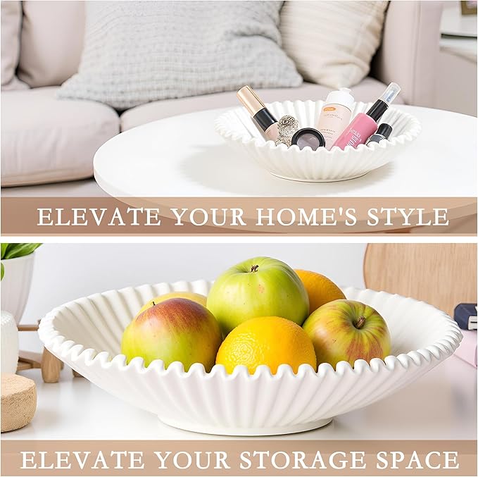 Elegant White Decorative Bowls for Home Decor, Modern Accent Pieces, Living Room, Dining Room, Table Centerpiece (White)