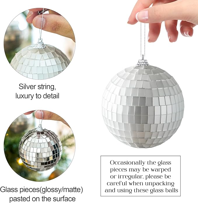 12 PCS Disco Balls Decor, Silver Disco Ball Party Decorations, Hanging Christmas Decoration Matte and Mirror Balls, 3.15in Glass Hanging Disco Ball for Home Holiday KTV Wedding Stage Xmas Tree