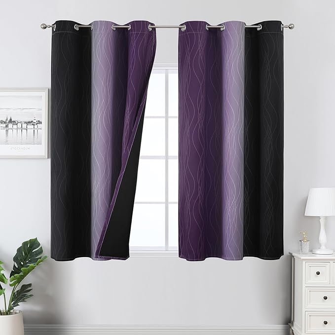 Estelar Textiler Purple and Black Ombre Blackout Curtains 45 Inch Length, Full Room Darkening Gradient Drapes for Kitchen, Thermal Insulated Grommet Curtains for Short Window, 42Wx45L,2 Panels
