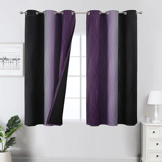 Estelar Textiler Purple and Black Ombre Blackout Curtains 45 Inch Length, Full Room Darkening Gradient Drapes for Kitchen, Thermal Insulated Grommet Curtains for Short Window, 42Wx45L,2 Panels