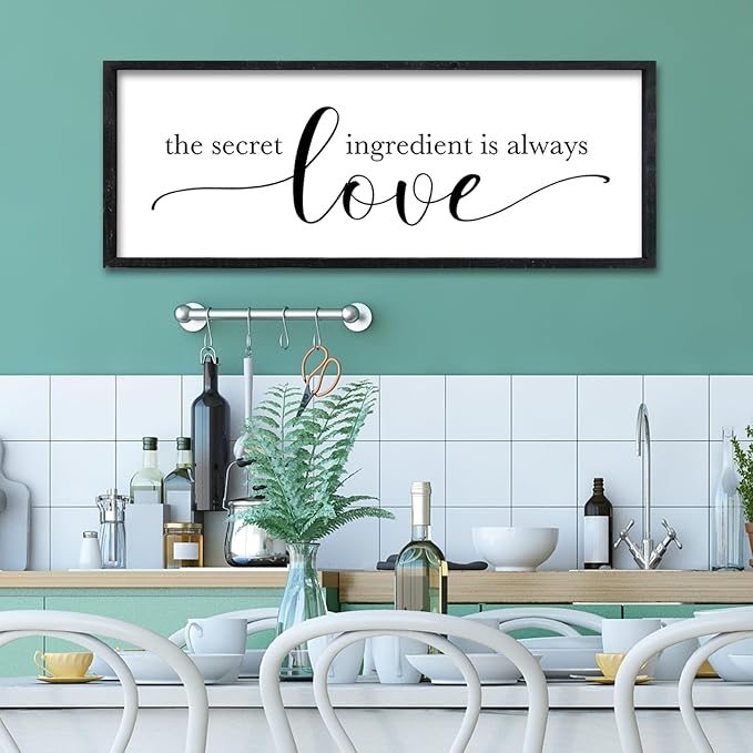 Surfapans The Secret Ingredient Is Always Love Sign Wall Art Decor 32"×12" for Kitchen Dining Room Large Wood Framed Hanging (Black)
