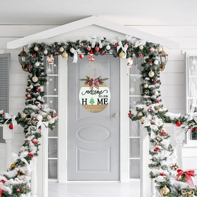 Interchangeable Welcome Sign for Front Door with 4 Seasonal Wreaths and 14 Changeable Icons, Farmhouse Front Porch Décor, Front Door Decoration, Seasonal Rustic Wooden Wall Sign home décor (7wood)