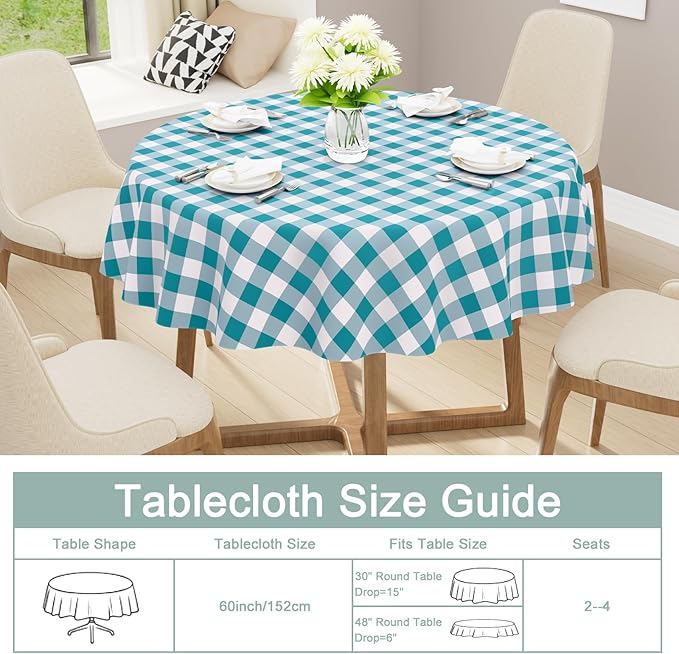misaya Round Waterproof Vinyl Table Cloth, Buffalo Flannel Backed Tablecloth, Wipeable Plastic Table Cover for Dinner, Kitchen, Picnic (60", Turquoise and White)