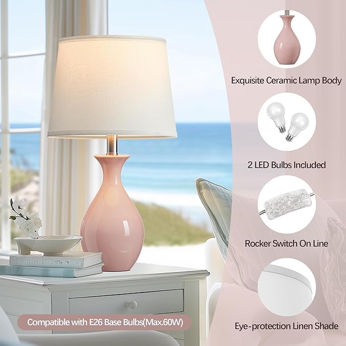 PARTPHONER Table Lamp Set of 2, Modern Ceramic Bedside Lamps for Night Stands, Classic Small Lamp Nightstand Lamp for Bedroom Living Room Desk End Table Rocker Swtich Pink