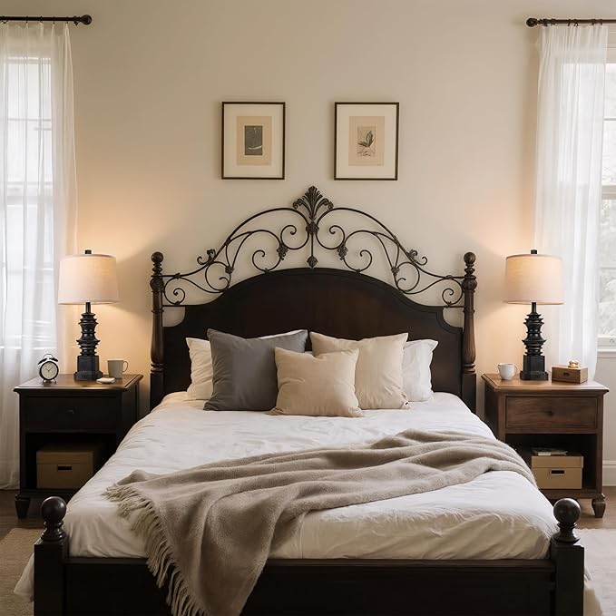 QiMH Table Lamps for Nightstand Set of 2, Bedside Lamp with USB A+C Charging Ports, Farmhouse Table Lamp with Linen Lampshade, Lamps for Living Room, Bedroom Lamps with LED Bulbs, Black