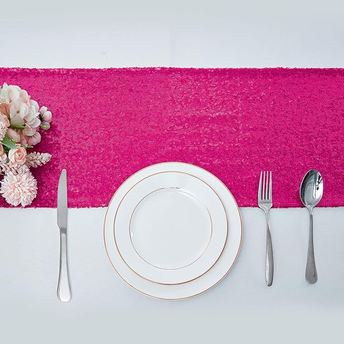 10 Packs 12 x 108 inches Hot Pink Sequin Table Runner, Glitter Fuchsia Table Runner for Wedding Birthday Bachelorette Holiday Party Supplies Decorations Bridal Shower Baby Shower