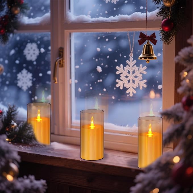 Amber Flameless Candles with Remote and Timer, 2 Pcs(D3 xH6) Flickering Battery Operated Acrylic LED Pillar Candles, Electric Fake Candles for Holiday Wedding Home Party Fireplace Décor