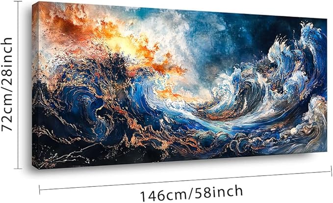 ZESTFLICKR Wall Art of Ocean Wave Abstract Canvas Blue Print Modern Artwork Pictures Magnificent for Living Room Bedroom Home Office Kitchen Decor (28x58 inches)