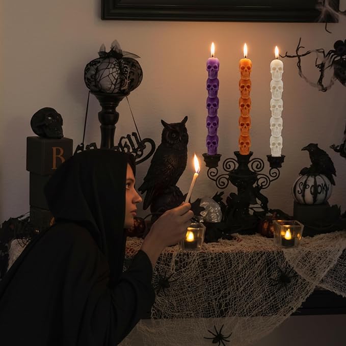 Nuanchu 12 Pack Halloween Skull Taper Candles 10 Inch Unscented Dripless Skeleton Candles for Halloween Party Decor, Table Centerpiece, Gothic Home Decoration, Spooky Gifts